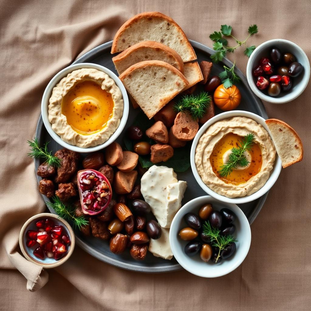Mezze-fat med hummus, oliven og granateple