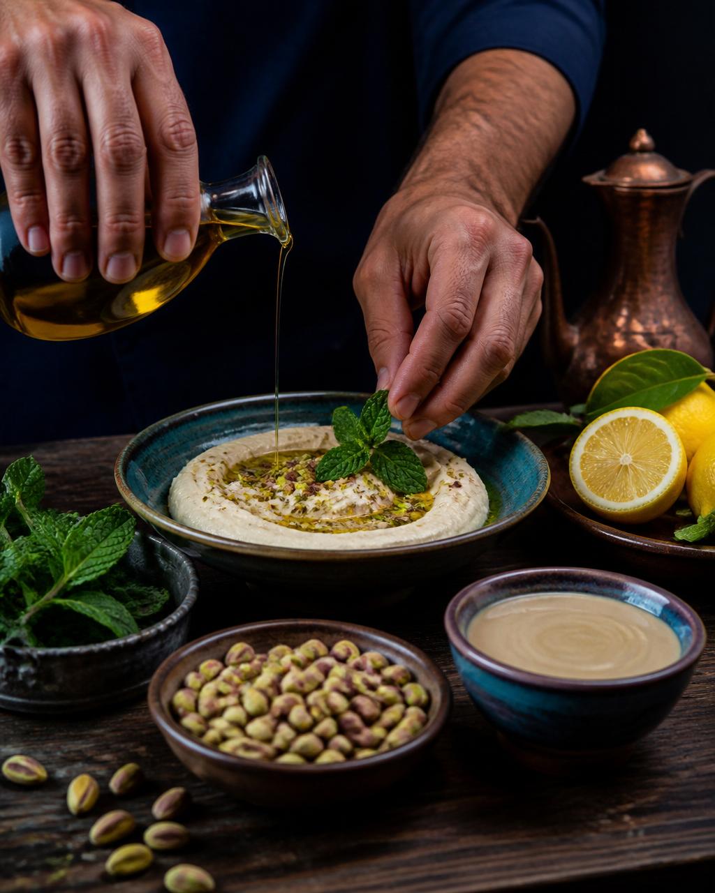 Hender som anretter hummus, olivenolje og pistasj